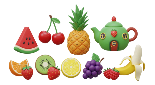 3d icon of a vibrant collection of assorted fruits and a teapot, all crafted from clay and isolated on a white background, showcasing a whimsical and artistic presentation of healthy food