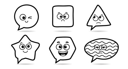 Six Cartoon Speech Bubbles with Expressive Faces and Unique Shapes.