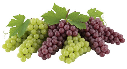3d icon of bunches of fresh green and red grapes with leaves, isolated on transparent background