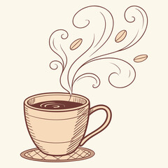 Hand drawn cup of coffee with steam and coffee beans