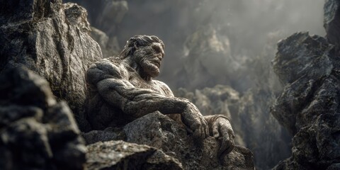 Dramatic Stone Sculpture of a Powerful Figure Among Rocks