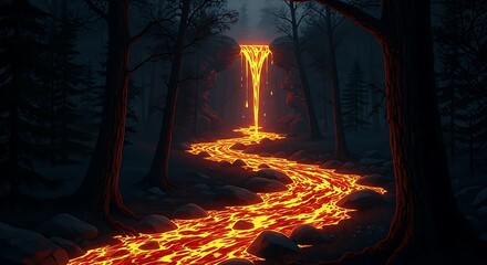 Lava River Flowing Through Dark Forest at Night.