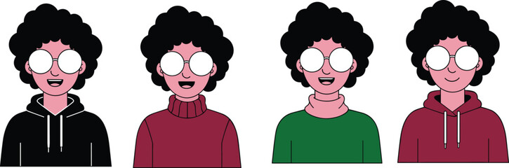 Cartoon character, curly hair, round glasses, hoodie style, turtleneck fashion, diverse outfits, expressive poses, casual look, fashion variation, design set