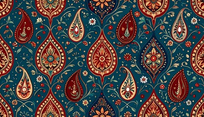 A vibrant and intricate paisley pattern in rich colors, perfect for textile design. The pattern features a repeating motif with detailed floral and teardrop shapes.
