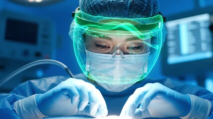 Surgeon wearing augmented reality glasses during a complex surgical procedure in a modern operating room, utilizing digital data overlays for precision, futuristic medical innovation and teamwork - Powered by Adobe