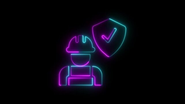 one neon construction workers glowing on black background safety concept. glowing neon Engineer and helmet icon isolated on black background. 4k video motion graphic animation.