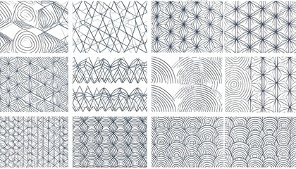 A collection of intricate geometric patterns, each showcasing a unique arrangement of lines and shapes. The designs are visually striking and offer a sense of artistic creativity