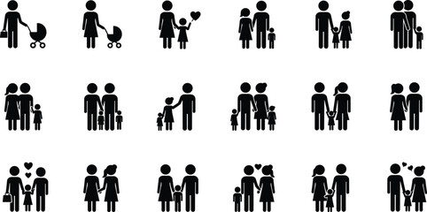 Family relationship stick figure icon set showing parents, children, love, and togetherness concept for parenting, family care, and lifestyle design