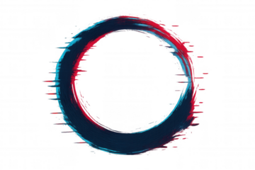 Abstract glitch art circle, distortion effect on ensō brushstroke, digital error cyber frame on transparent background