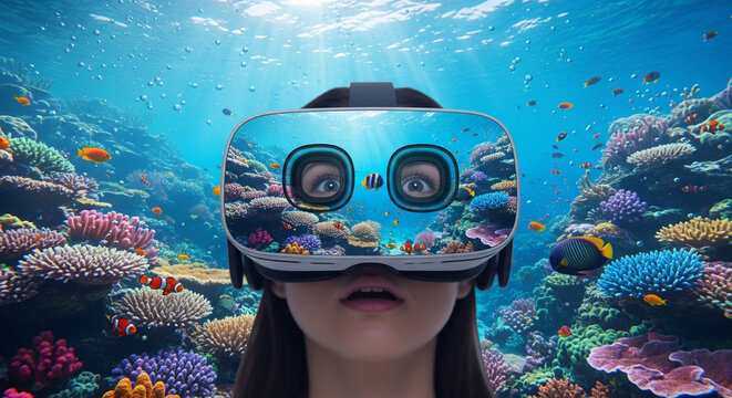 Young woman wearing vr headset immersed in vibrant underwater world with coral reefs and marine life, experiencing virtual reality adventure - Powered by Adobe