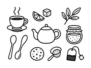 Vector Tea set elements: teapot, cup, lemon, sugar cube, spooons, biscuit, tea bag, herb, jam jar