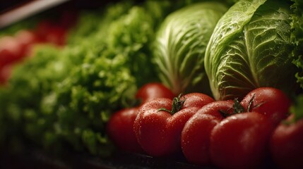 Fresh vibrant tomatoes and crisp lettuce displayed on a grocery shelf glistening with water droplets