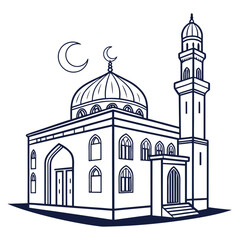Mosque with minaret vector line art illustration