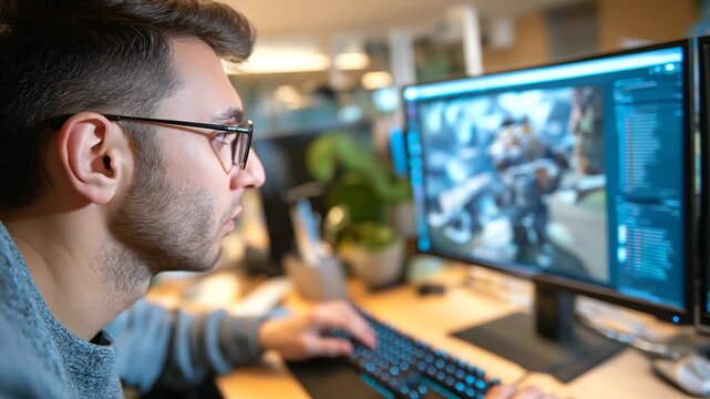 An Indian male game designer using 3D modeling software on a desktop to create characters in a diverse game development office, Indian game designer 3D modeling, video game charact