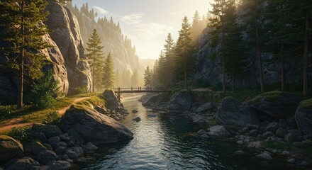 Discover the serene beauty of a sun-drenched mountain river with a rustic bridge, perfect for travel brochures, nature blogs, and outdoor adventure promotions evoking peace and tranquility