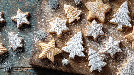 Overhead view of a delicious collection of homemade Christmas cookies shaped like stars and Christmas trees some decorated with white icing or a dusting of powdered sugar. Festive holiday baking