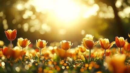 Captivating orange tulips field under radiant sunlight backdrop spring bloom