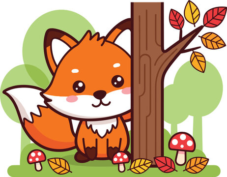 Cute Cartoon Fox Vector in Autumn Forest with Tree and Mushrooms &ndash; Adorable Animal Illustration for Kids and Nature Themes