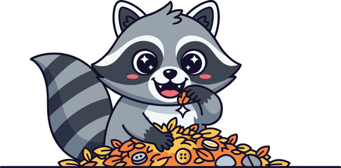 Cartoon Raccoon Vector Sitting in Pile of Autumn Leaves and Buttons – Cute Animal Illustration for Kids and Fall Themes