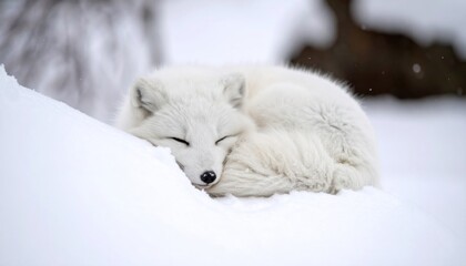 Arctic Fox Sleeping in Snow with Winter Wildlife, and Cold Nature.