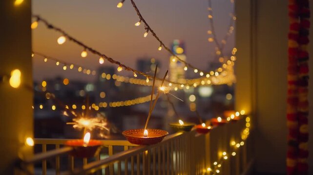 Cinematic Golden Hour City Skyline with Festive Diwali Diyas and Bokeh Fairy Lights