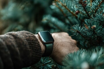 Smartwatch with Green Band Among Pine Needles