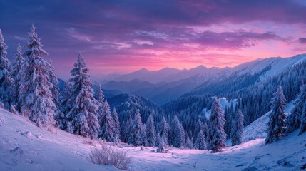 vibrant winter sunset over snowy mountains