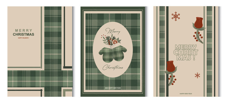 Christmas Greeting Card Collection with Green Plaid Design. Christmas poster set. Vintage holidays concept. Green and eco-friendly christmas. Tartan pattern background. Vector illustration