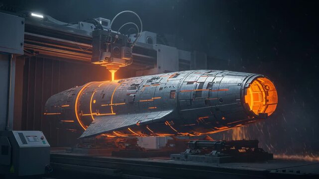 Industrial 3D Printing Spacecraft Hull, Fiery Orange, Aerospace