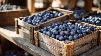 Fresh blueberries in wooden crates on rustic market shelf