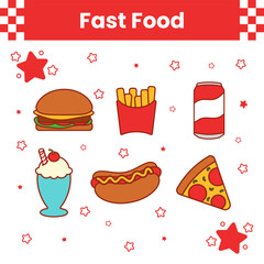Flat outlined cartoon fast food icons: burger, fries, soda, milkshake, hot dog, and pizza. Colorful vector for menus, stickers, social media and digital designs.