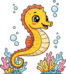 Cute Cartoon Seahorse Vector Underwater with Coral and Bubbles – Fun Ocean Animal Illustration for Kids Projects