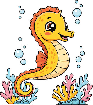 Cute Cartoon Seahorse Vector Underwater with Coral and Bubbles &ndash; Fun Ocean Animal Illustration for Kids Projects