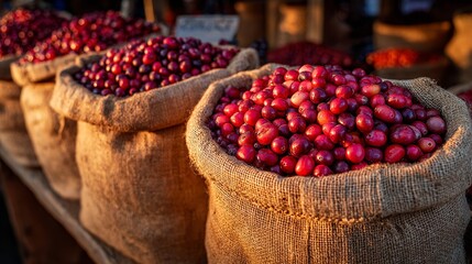 Organic cranberries in burlap sacks on farmstand shelf