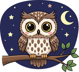 Cute Cartoon Owl Vector Sitting on Tree Branch at Night with Moon and Stars – Fun Nocturnal Bird Illustration for Kids