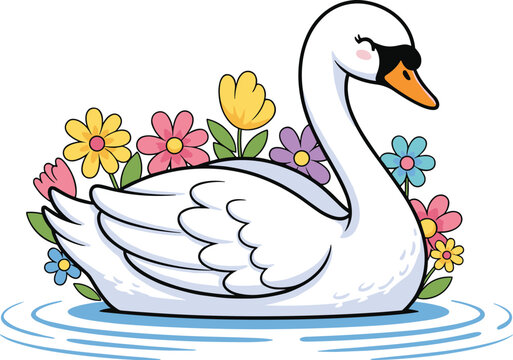 Cute Cartoon Swan Vector Floating on Water with Colorful Flowers &ndash; Elegant Bird Illustration for Kids and Spring Themes