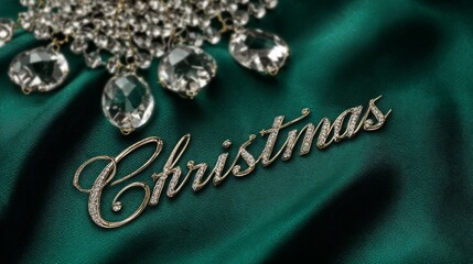 Premium white gold CHRISTMAS text on emerald green silk with crystal chandelier reflections