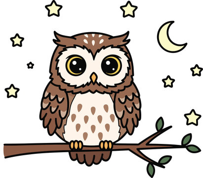 1Cute Cartoon Owl Vector Sitting on Tree Branch at Night with Stars and Moon &ndash; Fun Nocturnal Bird Illustration for Kids