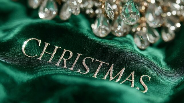 Premium white gold CHRISTMAS text on emerald green silk with crystal chandelier reflections