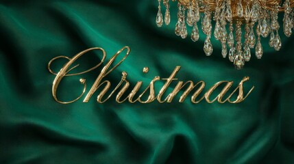 Premium white gold CHRISTMAS text on emerald green silk with crystal chandelier reflections