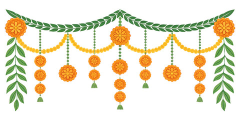 Elaborate indian marigold flower garland with green leaves and yellow beads, a vibrant and decorative element for festivals and cultural events, isolated on transparent background