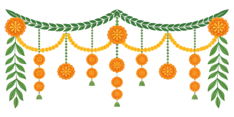 Elaborate indian marigold flower garland with green leaves and yellow beads, a vibrant and decorative element for festivals and cultural events, isolated on transparent background