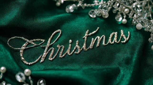 Premium white gold CHRISTMAS text on emerald green silk with crystal chandelier reflections
