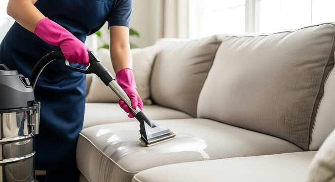 Professional cleaner using a vacuum cleaner to clean a sofa in a living room