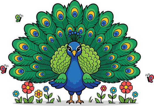 Cute Cartoon Peacock Vector with Colorful Feathers Standing in Flower Garden &ndash; Fun Exotic Bird Illustration for Kids and Nature Themes