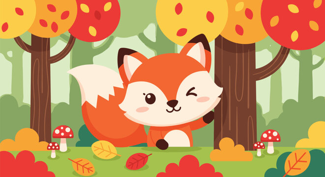 Cute Cartoon Fox Vector Winking in Autumn Forest with Colorful Trees, Leaves, and Mushrooms &ndash; Fun Woodland Animal Illustration for Kids