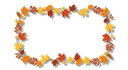 Obraz premium A colorful rectangular frame made of autumn leaves in shades of orange, yellow, and red on a white background.