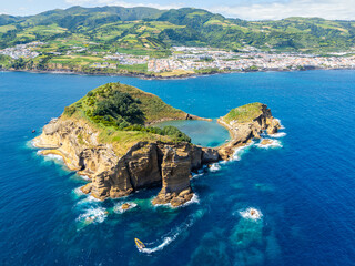Vila Franca Islet, Vila Franca Do Campo Town, Boat and Atlantic Ocean on Sunny Day. Azores, Sao Miguel Island. Portugal. Aerial View