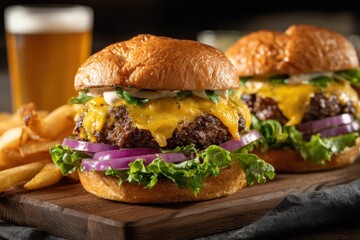 Cheeseburger and Fries on Wooden Serving Board