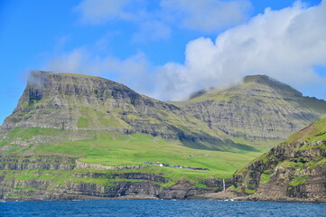 Ocean View of Mulafossur Waterfall and Remote Gasadalur Village, Vagar Island, Faroe Islands